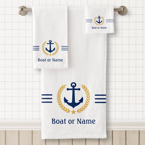Your Boat or Name Anchor Gold Laurel Stripes White Bath Towel Set