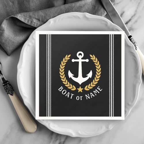 Your Boat or Name Anchor Gold Style Laurel Black Napkins