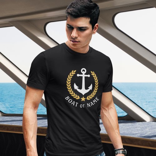Your Boat or Name Anchor Gold Style Laurel Black T_Shirt
