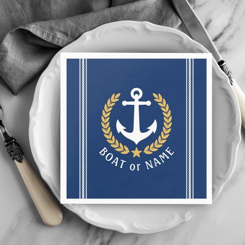 Your Boat or Name Anchor Gold Style Laurel Blue Napkins
