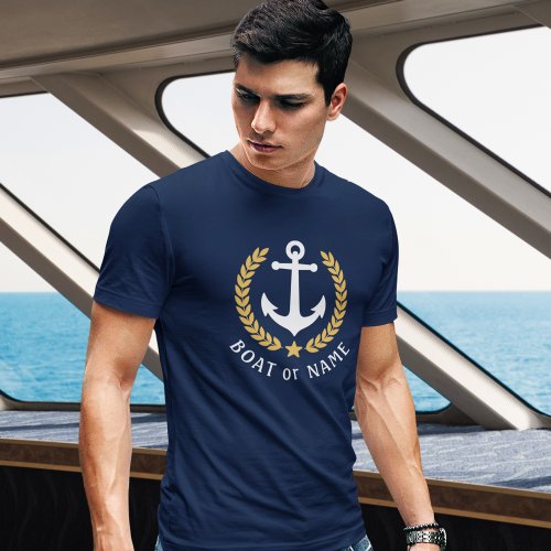 Your Boat or Name Anchor Gold Style Laurel Navy T_Shirt