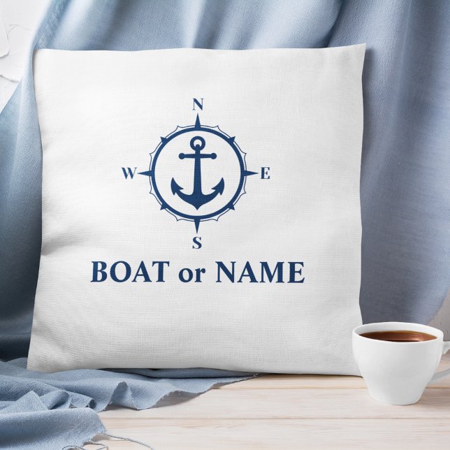 Your Boat or Name Anchor Nautical Compass White Throw Pillow (Creator Uploaded)