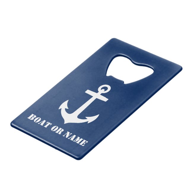 Your Boat or Name Nautical Classic Anchor Navy Credit Card Bottle Opener (Front Angled)