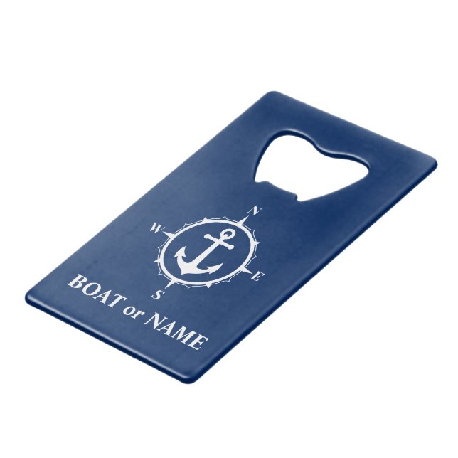Your Boat or Name Nautical Compass Anchor Navy Credit Card Bottle Opener (Front Angled)