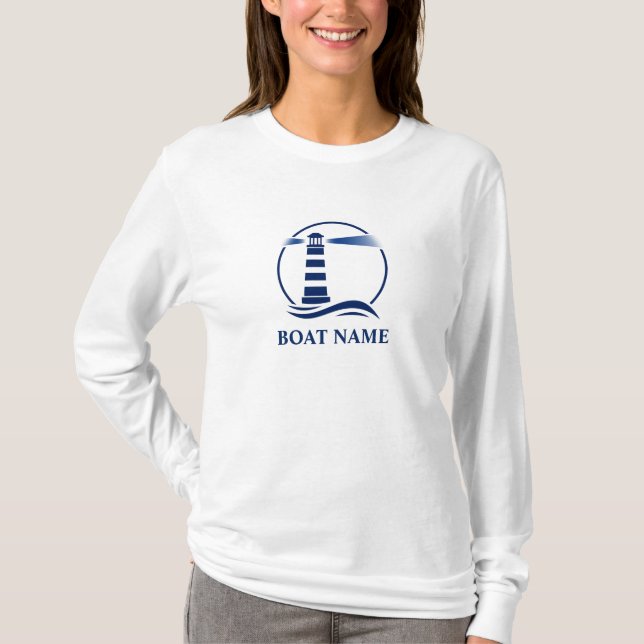 Your Boat or Name & Navy Nautical Lighthouse White T-Shirt (Front)