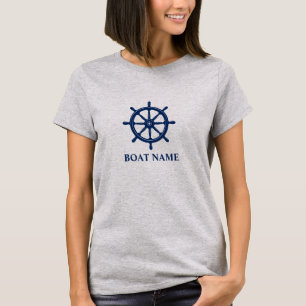 Your Boat or Name & Navy Ships Wheel Helm Gray T-Shirt