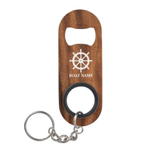Your Boat or Name Ships Wheel Helm Faux Wood Keychain Bottle Opener
