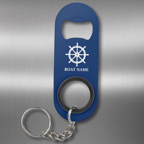 Your Boat or Name Ships Wheel Helm Navy Blue Keychain Bottle Opener