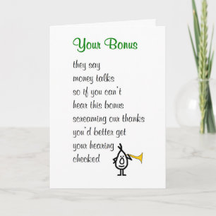Your Bonus - a funny poem about your bonus Letterpress Thank You Card