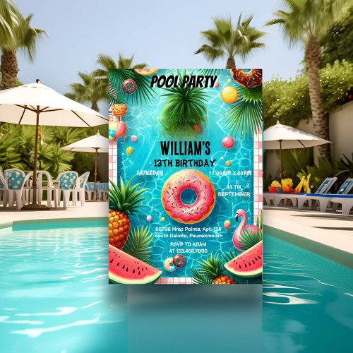 your boy water blue Cool Pool Party 13th Birthday Invitation