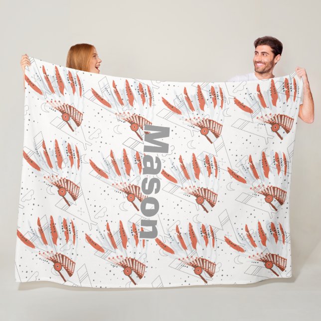 Your Boys Name Room Indian Feather Headdress Tepee Fleece Blanket (In Situ)