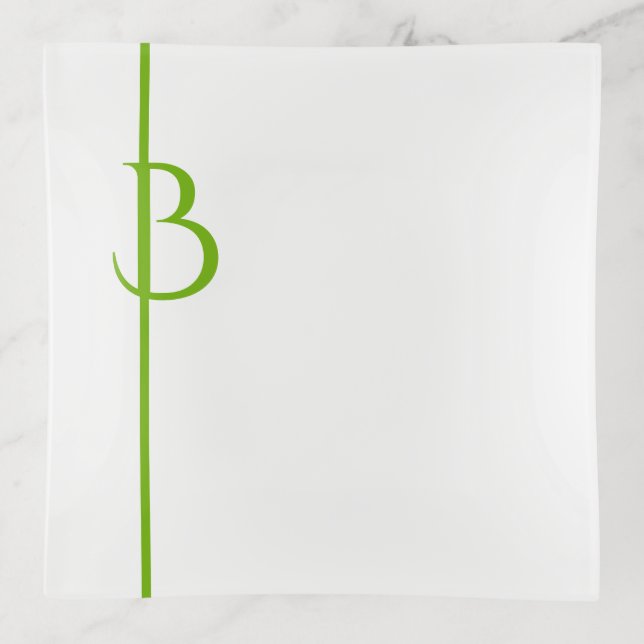 YOUR BRIGHT GREEN INITIAL, VERTICAL LINE on WHITE Trinket Tray (Front)