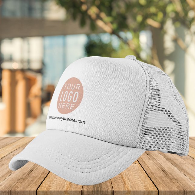 Your Business Logo and Website Employees Custom Trucker Hat (Business Logo Circle Beige White Trucker Hat)