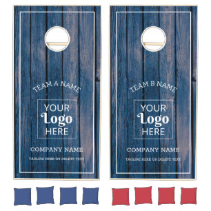 Your Business Logo Company Team Name Blue Wood Cornhole Set