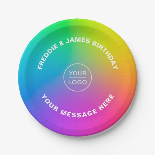 Your Business Logo Custom Text Rainbow Colors Paper Plates