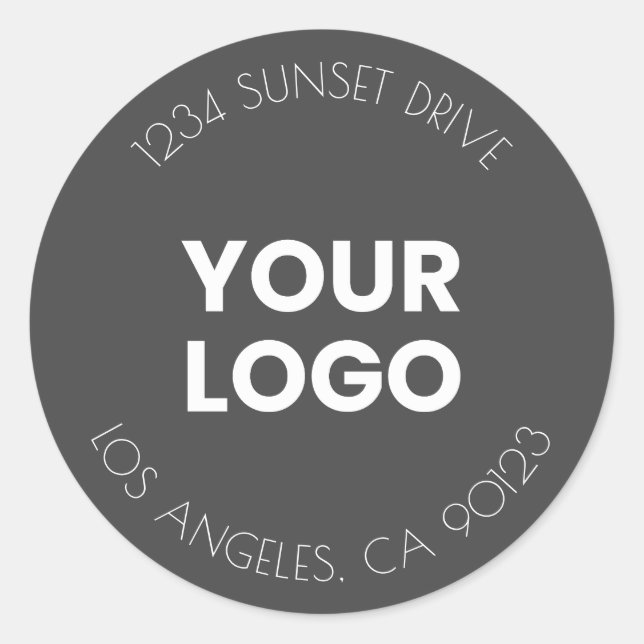 Your Business Logo | Dark Grey & White Address Classic Round Sticker (Front)