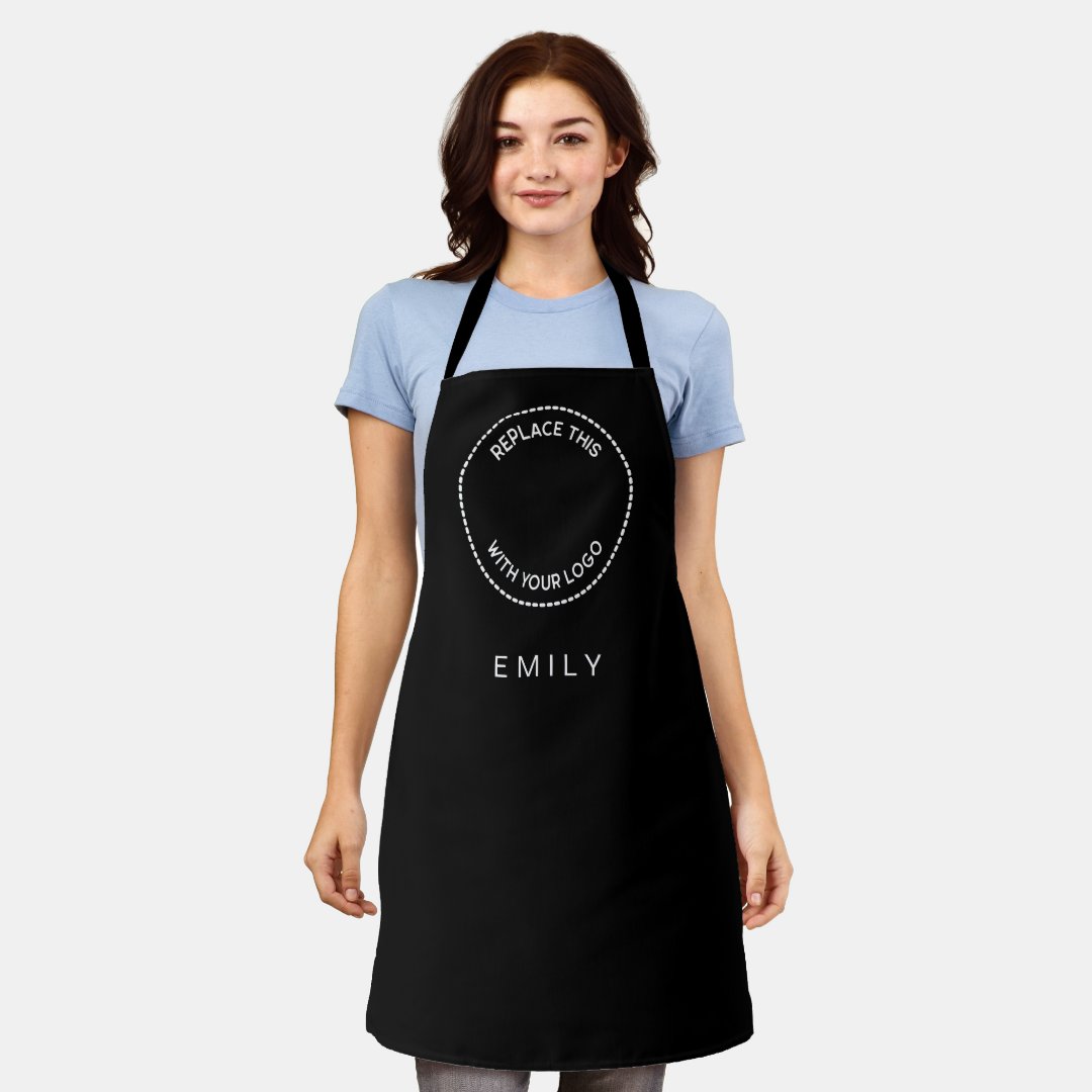 Your Business Logo Employee Name White Black Apron | Zazzle