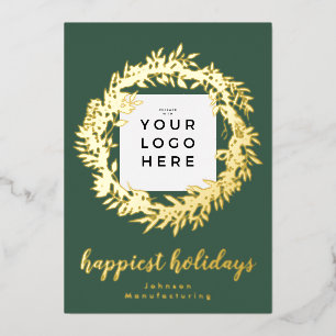 Your Business Logo Happiest Holidays Frame Wreath Foil Holiday Card