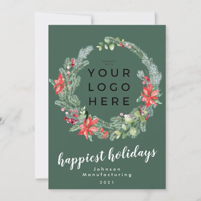 Your Business Logo | Happiest Holidays Wreath | Ho Holiday Card (Front)