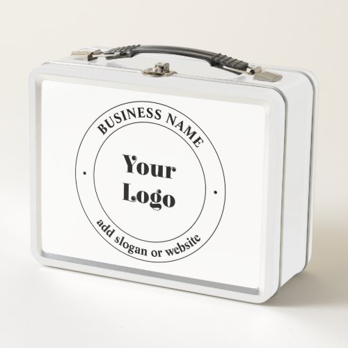 Your Business Logo  Promotional Text  White Metal Lunch Box