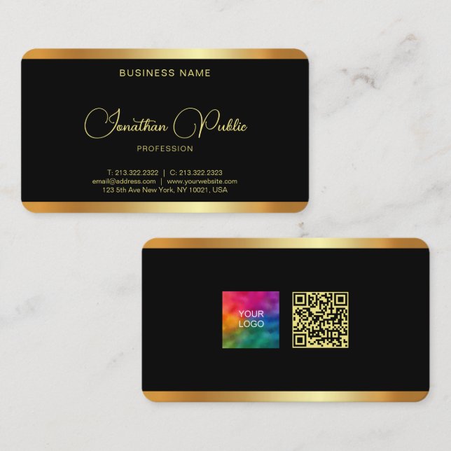 Your Business Logo QR Code Custom Text Black Gold Card (Front/Back)