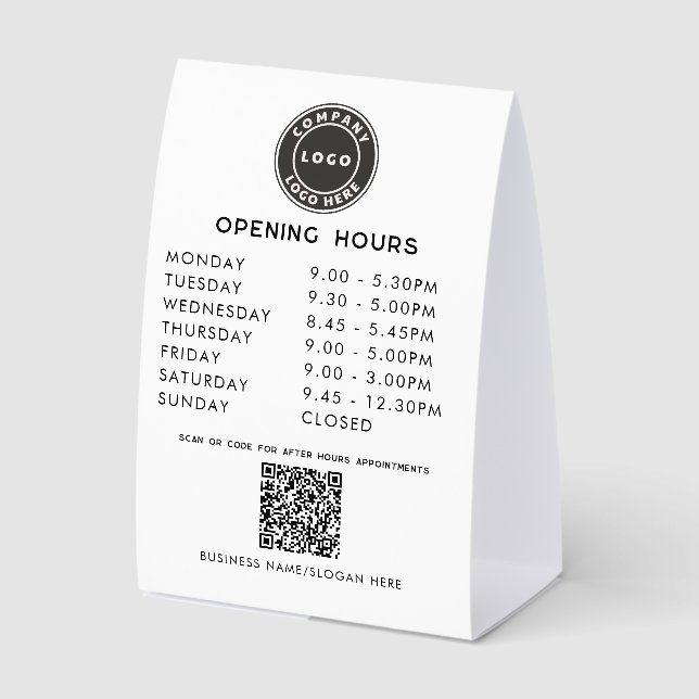 Your Business Logo QR Code Opening Hours Paper Table Tent (Front)