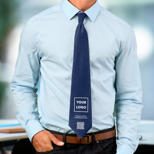 Your Business Logo QR Code Text Navy Blue 2 Sided Neck Tie