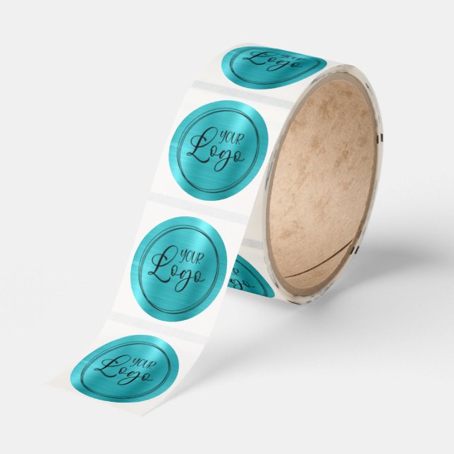 Your Business Logo Turquoise Blue Metallic Classic Round Sticker (Roll)