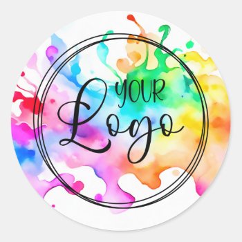 Your Business Logo Watercolor Splashed Paint Classic Round Sticker by designs4you at Zazzle