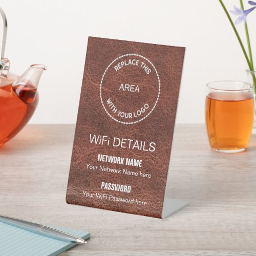 Your Business Logo Wifi Details Brown Faux Leather Pedestal Sign