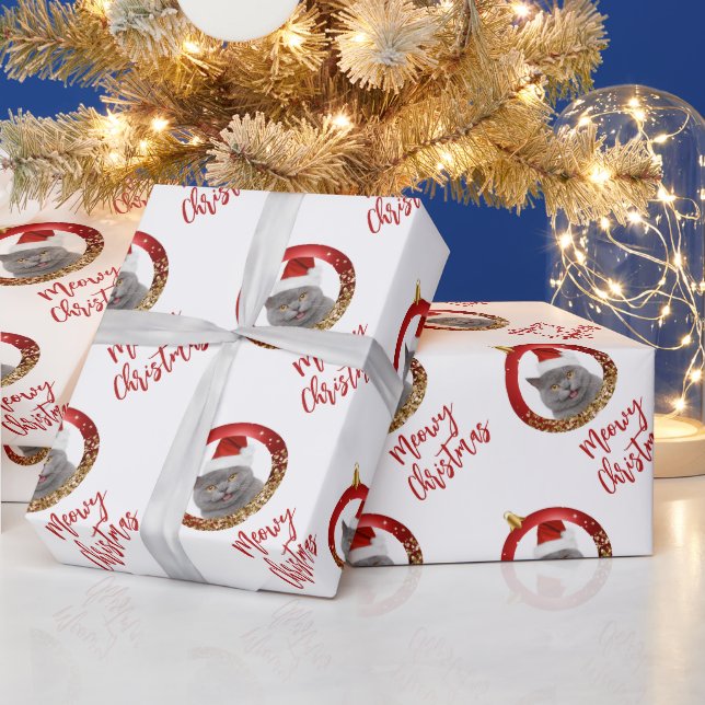 Your Cat Photo Red Gold Meowy Christmas Wrapping Paper (Holidays)