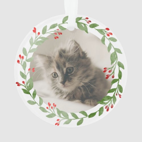 Your Cat Photo Watercolor Wreath 1st Christmas Ornament