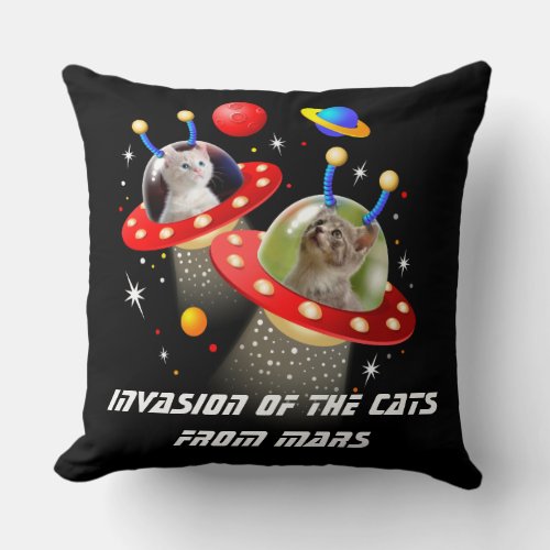 Your Cats in an Alien Spaceship UFO Sci Fi Scene Throw Pillow