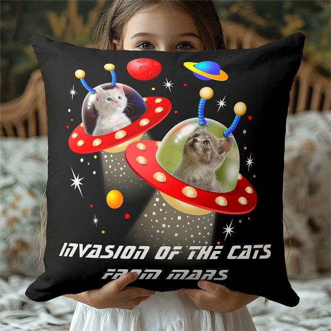 Your Cats in Funny Sci-Fi UFO Space Alien Theme Throw Pillow (Creator Uploaded)