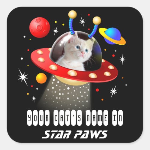 Your cats name and picture in a scifi UFO scene Square Sticker
