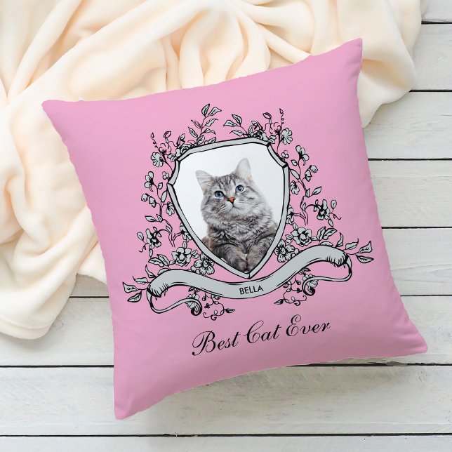 Your Cat's Photo in a Floral Crest | Best Cat Ever Throw Pillow (Creator Uploaded)