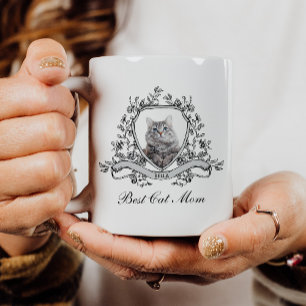 Your Cat's Photo in a Floral Crest Best Cat Mom Coffee Mug