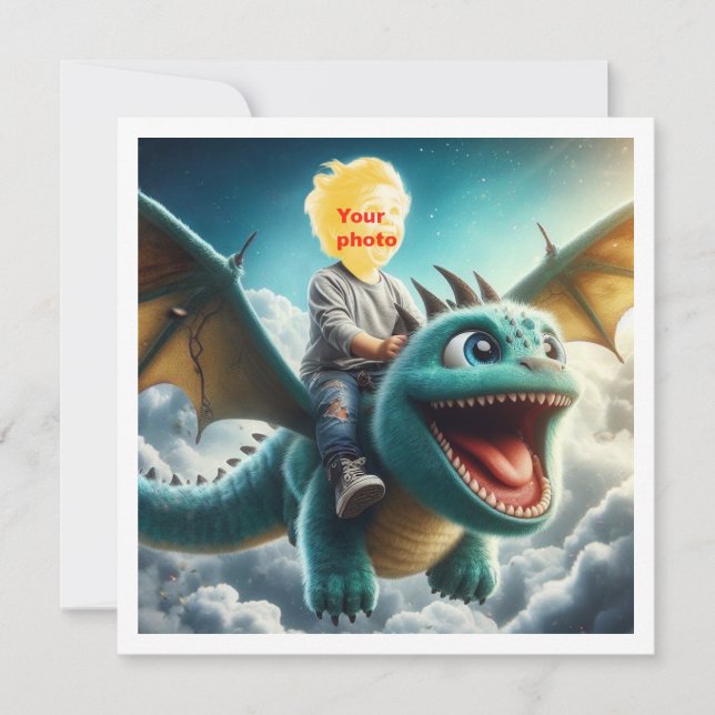 Your child flying on a blue dragon, dragon card (Front)