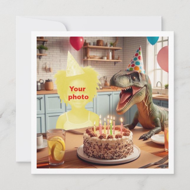 Your child with dinosaur, velociraptor birthday card (Front)