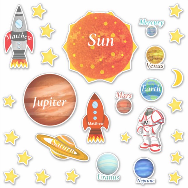 Your Childs Name Planets Spaceships Solar System Sticker (Front)