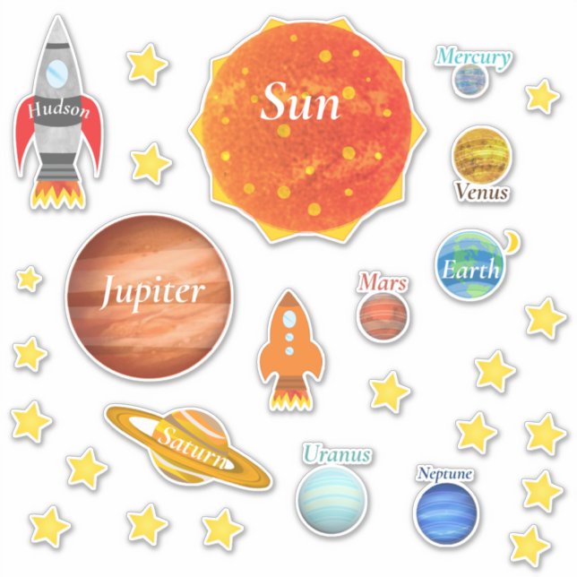 Your Childs Name Planets Spaceships Solar System Sticker (Front)