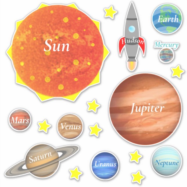 Your Childs Name Planets Spaceships Solar System Sticker (Front)
