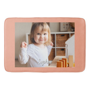 Your Child's Photo & Script Name, Peach Bath Mat