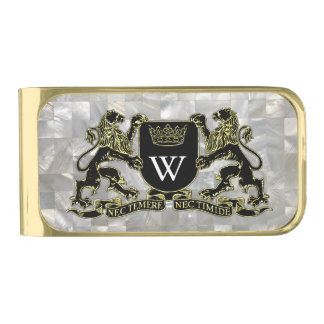 Your Coat of Arms Monogram Mother of Pearl Gold Finish Money Clip