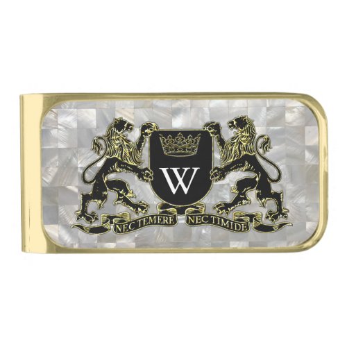 Your Coat of Arms Monogram Mother of Pearl Gold Finish Money Clip