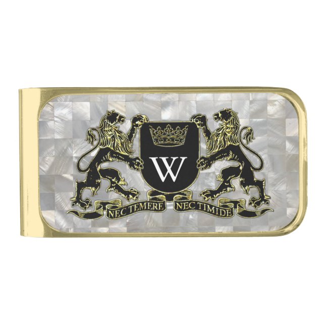 Your Coat of Arms Monogram Mother of Pearl Gold Finish Money Clip (Front)