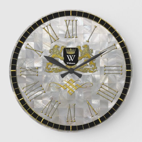 Your Coat of Arms Monogram Mother of Pearl Large Clock