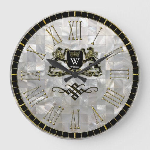 Your Coat of Arms Monogram Mother of Pearl Large Clock