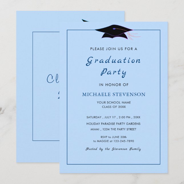 Your Color Sky Blue Graduation Invitation Template (Front/Back)