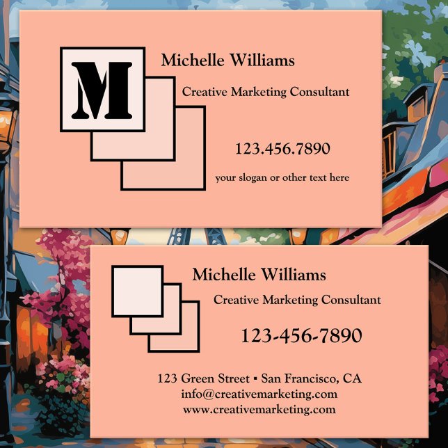 Your Colors Creative Monogram Business Card (Creative marketing business card featuring a playful custom design in your own colors)